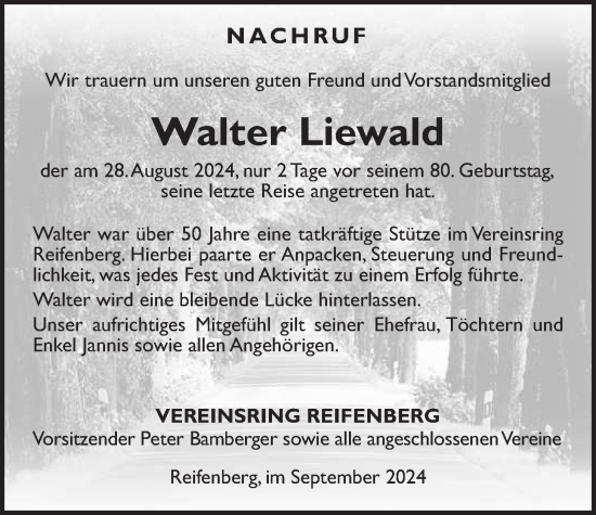 Traueranzeige von Walter Liewald von Usinger Anzeigenblatt