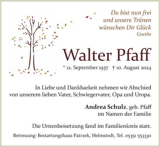 Traueranzeige von Walter Pfaff von Wetterauer Zeitung