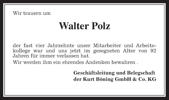 Traueranzeige von Walter Polz von Giessener Allgemeine, Alsfelder Allgemeine