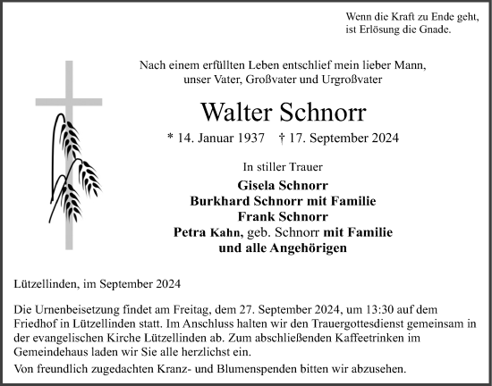 Traueranzeige von Walter Schnorr von Giessener Anzeiger