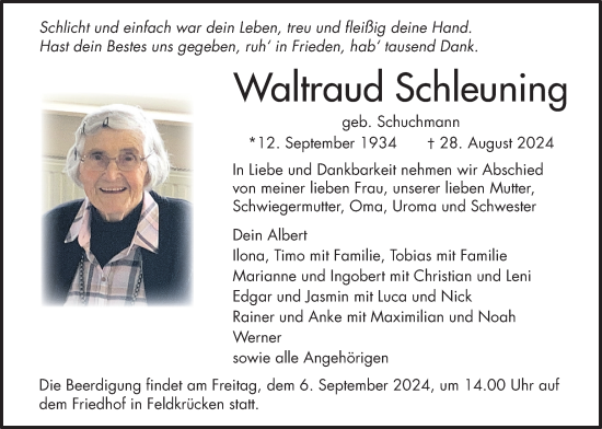 Traueranzeige von Waltraud Schleuning von Lauterbacher Anzeiger