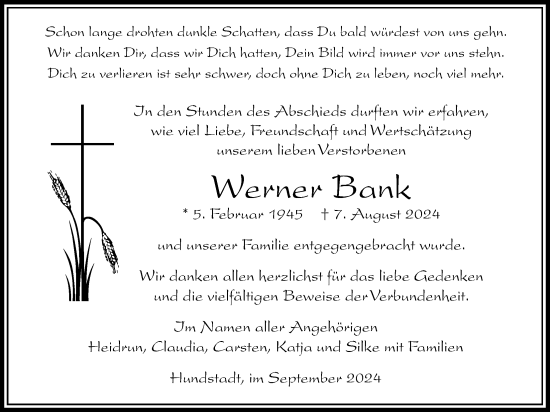 Traueranzeige von Werner Bank von Usinger Anzeigenblatt