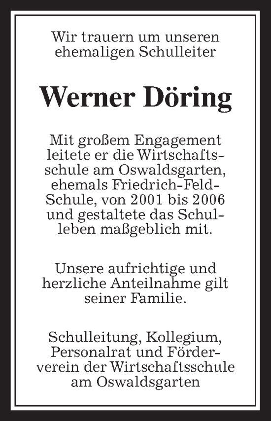 Traueranzeige von Werner Döring von Giessener Allgemeine, Alsfelder Allgemeine, Giessener Anzeiger