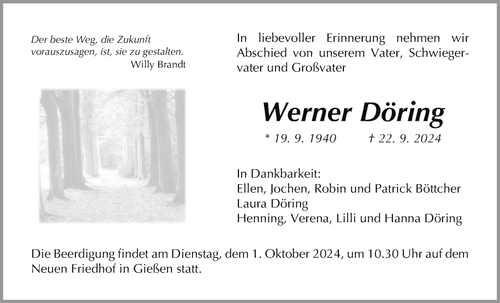  Traueranzeige für Werner Döring vom 28.09.2024 aus Giessener Allgemeine, Alsfelder Allgemeine, Giessener Anzeiger