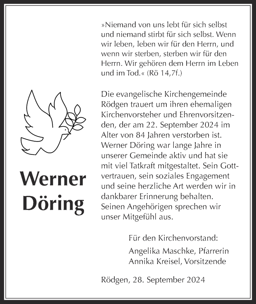  Traueranzeige für Werner Döring vom 28.09.2024 aus Giessener Allgemeine, Alsfelder Allgemeine, Giessener Anzeiger