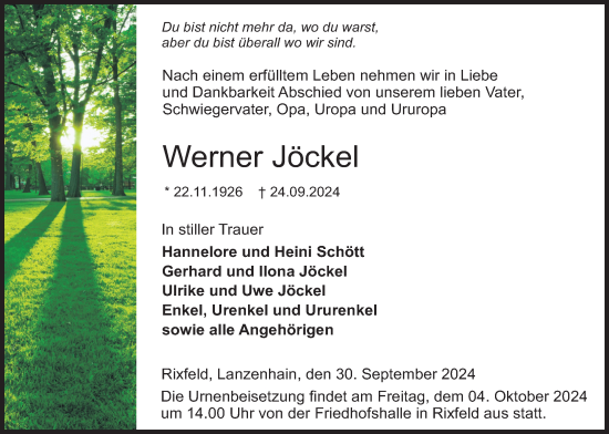 Traueranzeige von Werner Jöckel von Lauterbacher Anzeiger