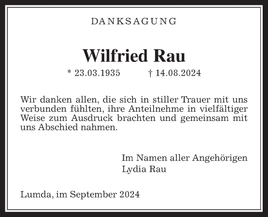 Traueranzeige von Wilfried Rau von Giessener Allgemeine, Alsfelder Allgemeine