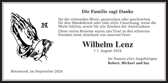 Traueranzeige von Wilhelm Lenz von Kreis-Anzeiger