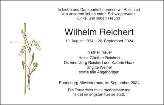 Traueranzeige von Wilhelm Reichert von Kreis-Anzeiger