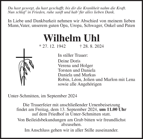 Traueranzeige von Wilhelm Uhl von Kreis-Anzeiger