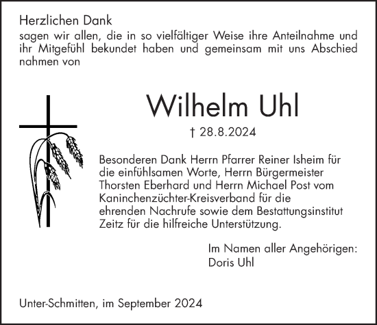 Traueranzeige von Wilhelm Uhl von Kreis-Anzeiger