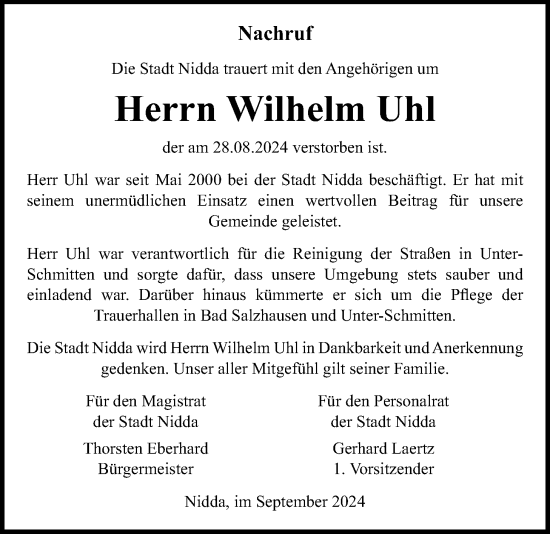 Traueranzeige von Wilhelm Uhl von Kreis-Anzeiger