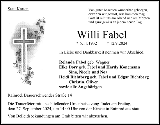 Traueranzeige von Willi Fabel von Oberhessische Zeitung