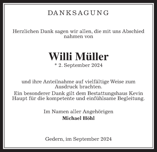 Traueranzeige von Willi Müller von Kreis-Anzeiger