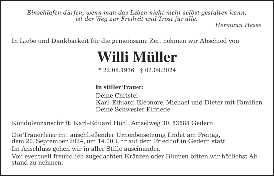 Traueranzeige von Willi Müller von Kreis-Anzeiger
