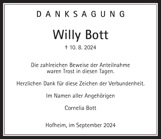 Traueranzeige von Willy Bott 