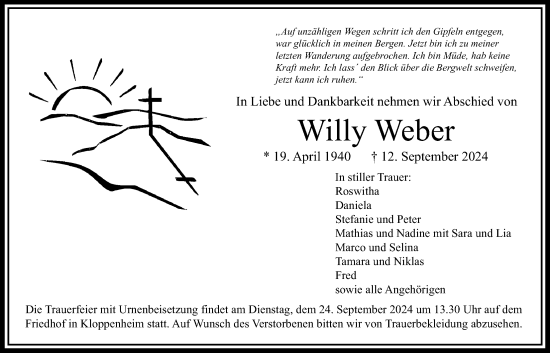 Traueranzeige von Willy Weber von Bad Vilbel/Karben, Wetterauer Zeitung