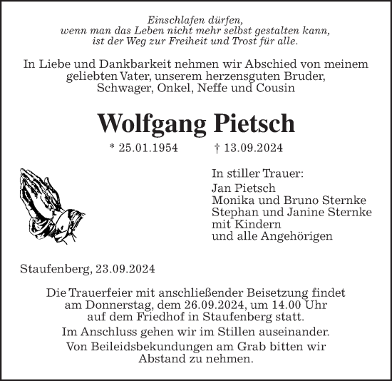 Traueranzeige von Wolfgang Pietsch von Giessener Allgemeine, Alsfelder Allgemeine, Giessener Anzeiger