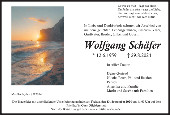 Traueranzeige von Wolfgang Schäfer von Alsfelder Allgemeine, Oberhessische Zeitung