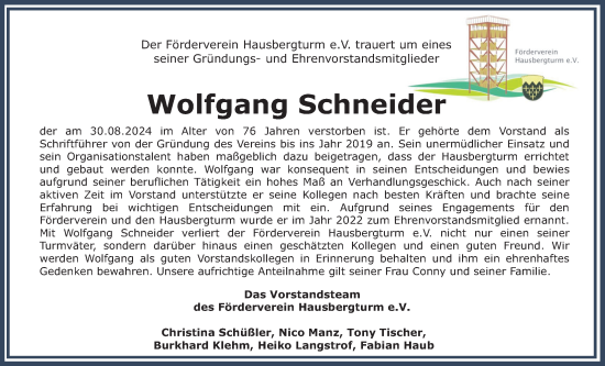 Traueranzeige von Wolfgang Schneider von Butzbacher Zeitung