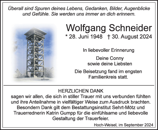 Traueranzeige von Wolfgang Schneider von Butzbacher Zeitung