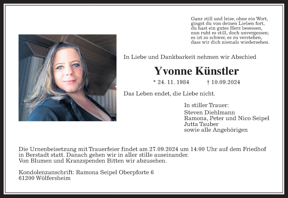  Traueranzeige für Yvonne Künstler vom 21.09.2024 aus Wetterauer Zeitung