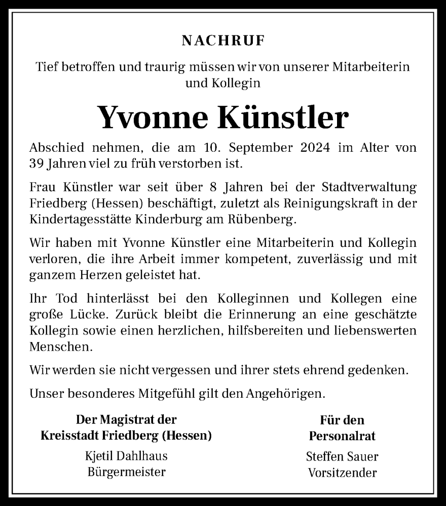  Traueranzeige für Yvonne Künstler vom 21.09.2024 aus Wetterauer Zeitung