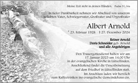Traueranzeige von Albert Arnold von Giessener Anzeiger, Giessener Allgemeine, Alsfelder Allgemeine