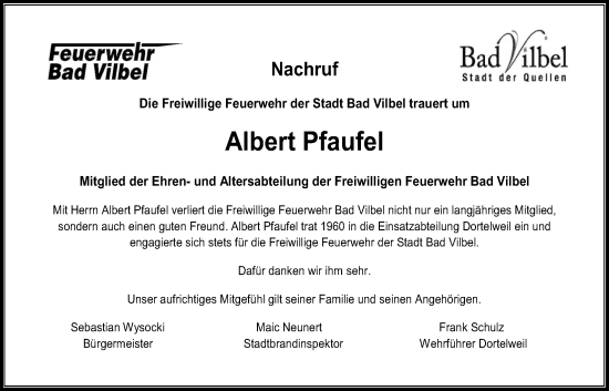Traueranzeige von Albert Pfaufel von Bad Vilbel/Karben
