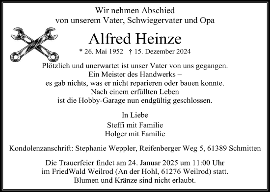 Traueranzeige von Alfred Heinze von Usinger Anzeigenblatt