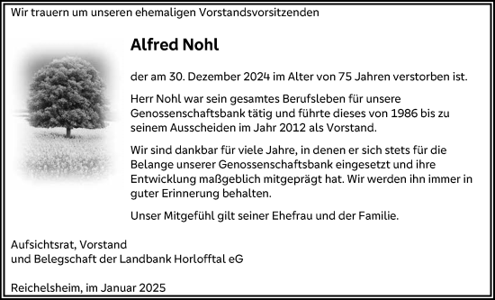 Traueranzeige von Alfred Nohl von Wetterauer Zeitung, Kreis-Anzeiger