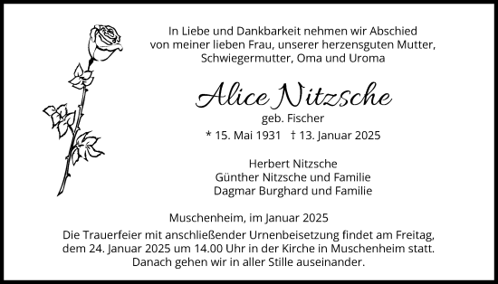 Traueranzeige von Alice Nitzsche von Licher Wochenblatt