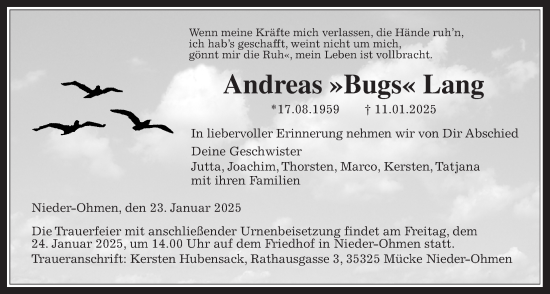 Traueranzeige von Andreas Lang von Mücker Stimme