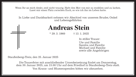 Traueranzeige von Andreas Stein von Giessener Allgemeine, Alsfelder Allgemeine