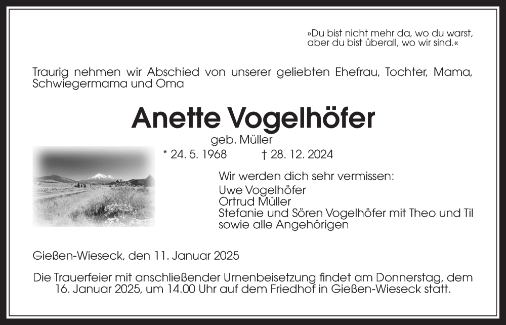  Traueranzeige für Anette Vogelhöfer vom 11.01.2025 aus Giessener Allgemeine, Alsfelder Allgemeine