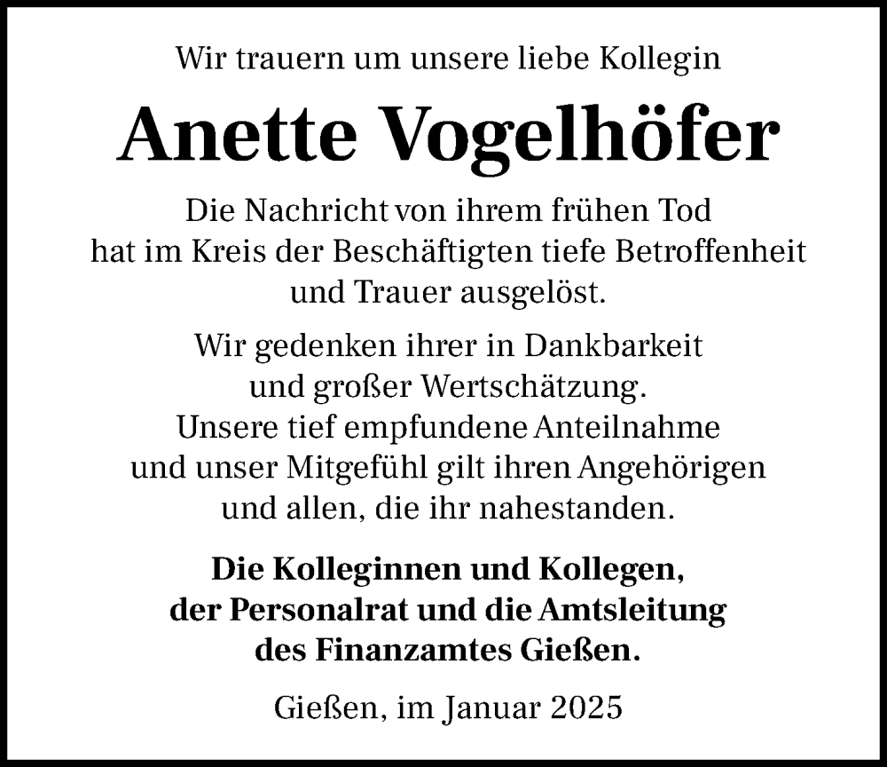  Traueranzeige für Anette Vogelhöfer vom 11.01.2025 aus Giessener Anzeiger, Giessener Allgemeine, Alsfelder Allgemeine