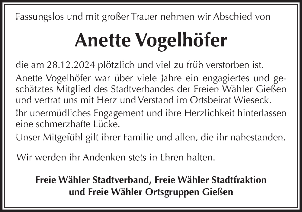  Traueranzeige für Anette Vogelhöfer vom 11.01.2025 aus Giessener Anzeiger, Giessener Allgemeine, Alsfelder Allgemeine