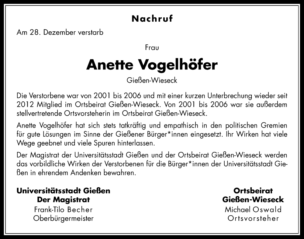  Traueranzeige für Anette Vogelhöfer vom 11.01.2025 aus Giessener Anzeiger, Giessener Allgemeine, Alsfelder Allgemeine