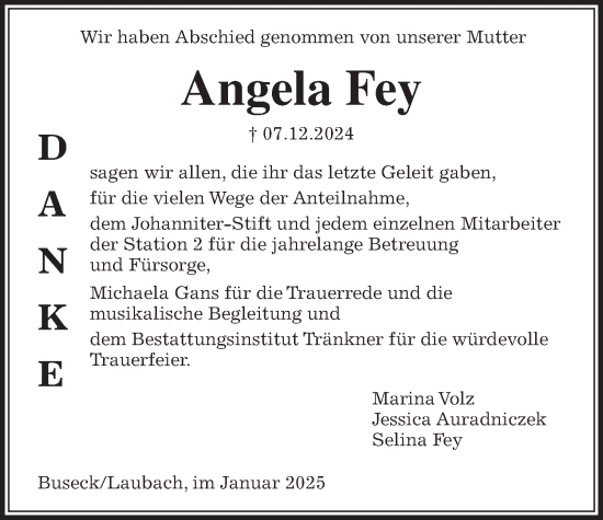 Traueranzeige von Angela Fey von Laubacher Anzeiger