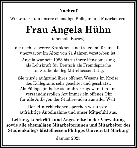 Traueranzeige von Angela Hühn von Giessener Allgemeine, Alsfelder Allgemeine, Giessener Anzeiger