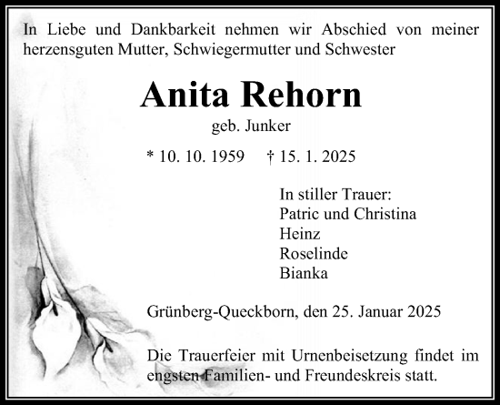 Traueranzeige von Anita Rehorn von Giessener Allgemeine, Alsfelder Allgemeine