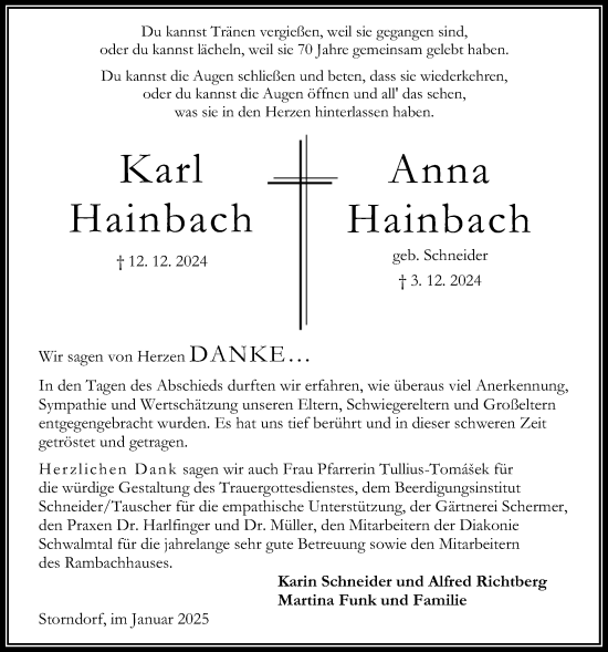 Traueranzeige von Anna Hainbach von Oberhessische Zeitung