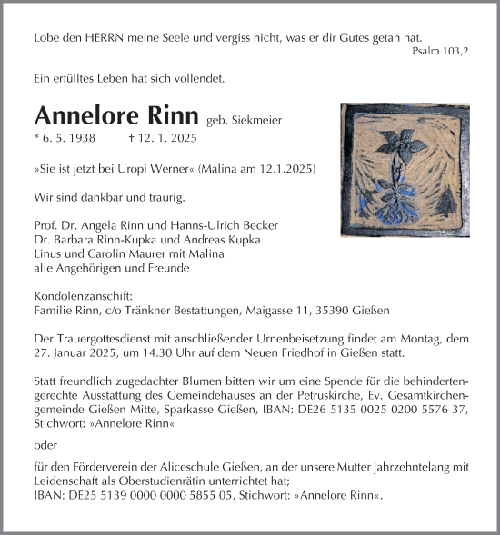 Traueranzeige von Annelore Rinn von Giessener Anzeiger, Giessener Allgemeine, Alsfelder Allgemeine