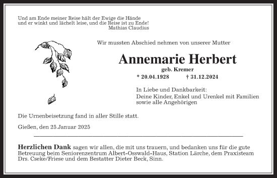Traueranzeige von Annemarie Herbert von Giessener Allgemeine, Alsfelder Allgemeine