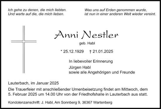 Traueranzeige von Anni Nestler von Lauterbacher Anzeiger