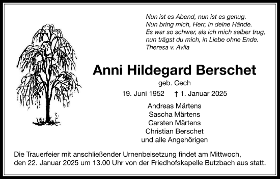 Traueranzeige von Anni Hildegard Berschet von Butzbacher Zeitung