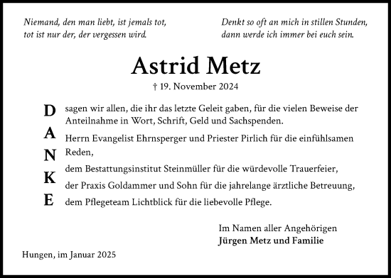 Traueranzeige von Astrid Metz von Licher Wochenblatt