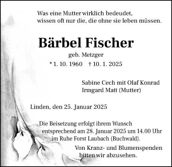 Traueranzeige von Bärbel Fischer von Giessener Allgemeine, Alsfelder Allgemeine