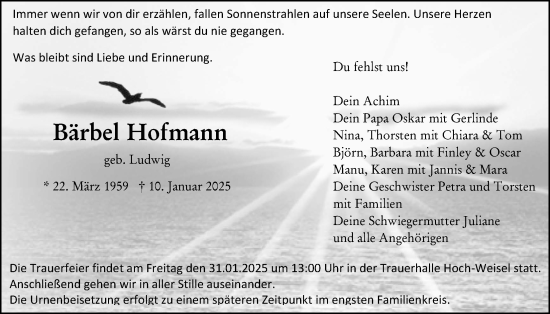 Traueranzeige von Bärbel Hofmann von Butzbacher Zeitung