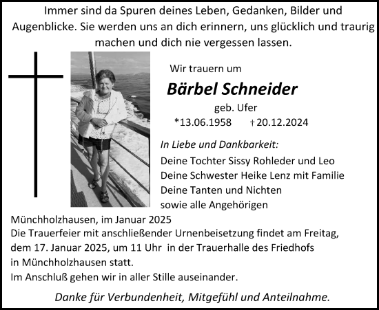 Traueranzeige von Bärbel Schneider von Giessener Allgemeine, Alsfelder Allgemeine